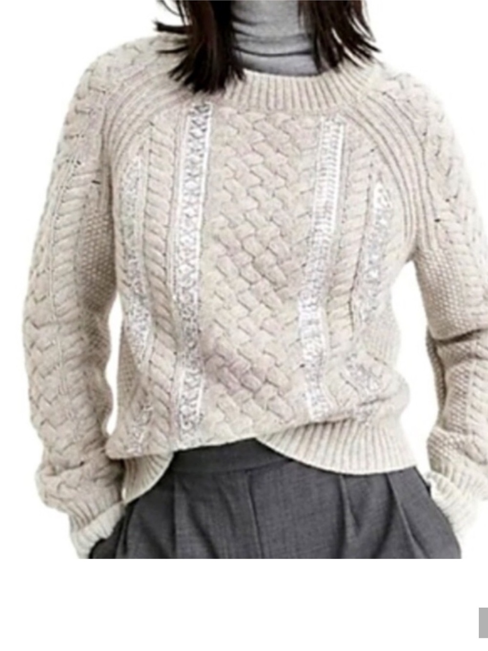 J. Crew Cozy Cable Knit merino wool blend Crewneck Sweater - Light Gray Sequins